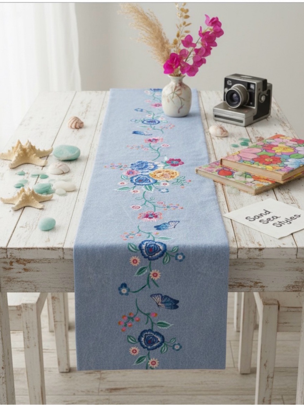 JOHNNY WAS Taymia Embroidered Table Runner | Denim Blue Floral Butterflies